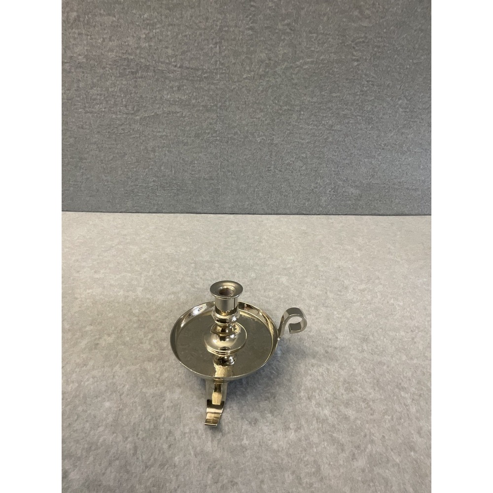 Silver Tone Chamberstick Candle Holder Christmas Stocking Hanger Heavy Base